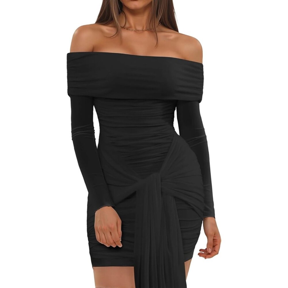 Women’s Mesh Bodycon Dress Long Sleeve Ruched Off-Shoulder Formal Casual